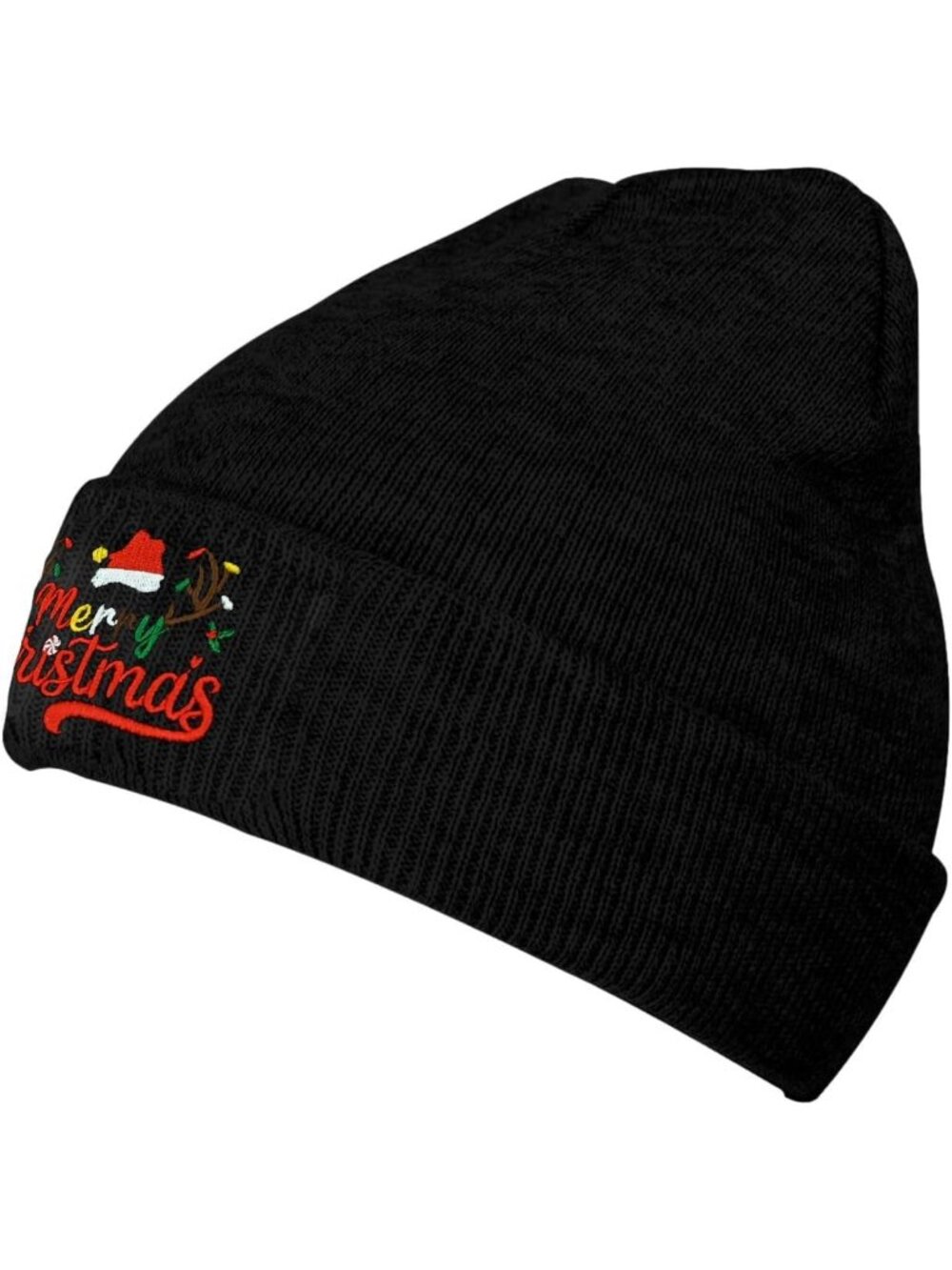 Unisex Black Christmas Hat Fish Embroidery Halloween Winter Cuffed Skull Cap